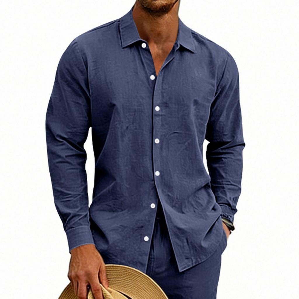 Men's Loose Fit Long Sleeve Shirt Linen Material Button Down Collar Casual Beachwear Comfortable Breathable Summer Shirt