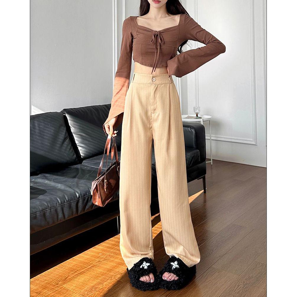 Gray Striped Suit Pants for Women French High-end Loose Casual Wide-leg Pants Ins Trendy Niche Straight Trousers