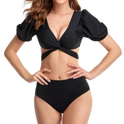 Traje de baño de dos piezas para mujer, bikini anudado de manga abullonada, cintura alta, escote en V, bañador con control de abdomen
