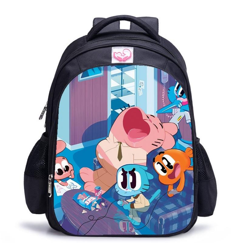 Zaino Scuola per Bambini, Testa Grande Gatto Blu Forrest Gump Scuola di Animazione, Tessuto Oxford Nero Resistente allo Sporco Grande Capacità.