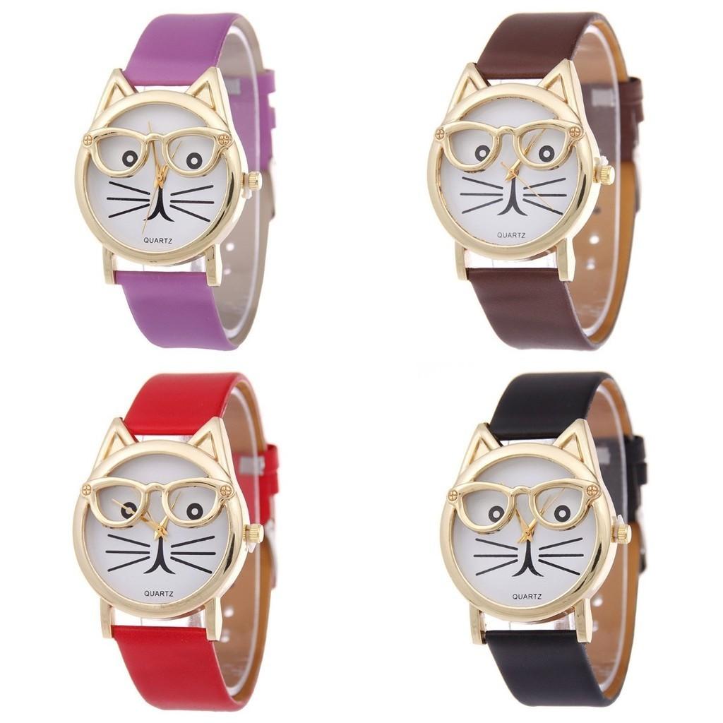 Cat Glasses Face Womens Watch Cartoon Solid Color No Word Gold Frame Daily Wear
