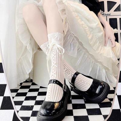 Damskie skarpetki do połowy łydki sznurowane z kokardką - Urocze pończochy letnie w stylu Lolita