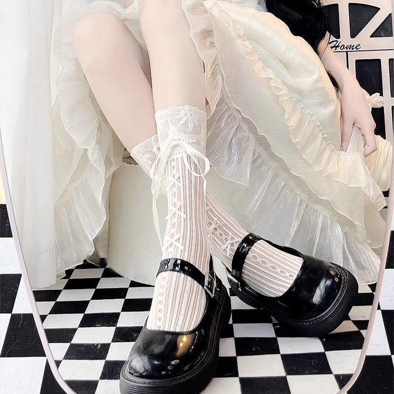 Lace-Up Bow Lolita Mid-Calf Stockings - Summer Thin Women's Leg Warmers