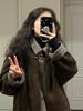 Korean Winter Brown Coat Women Fashion Warm Thick Patchwork Wool Coat Female Casual Vintage High Street Button Design Outerwear