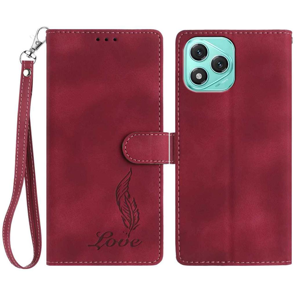 For Honor 400 Lite 5G Case Imprinted Feather PU Leather Wallet Phone Cover with Wrist Strap