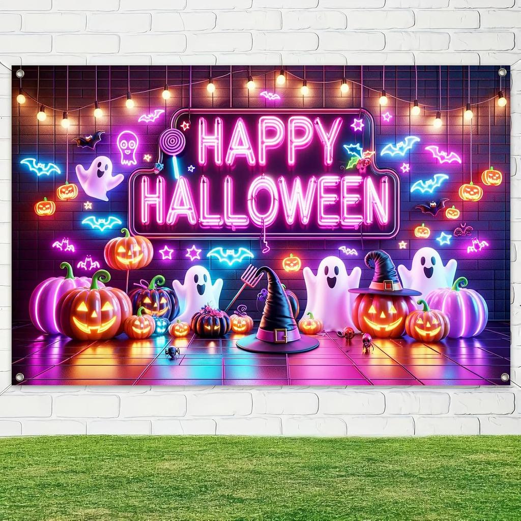 BlissYard Happy Halloween Banner Neon Ghost Pumpkin Backdrop 71 x 43 Inch
