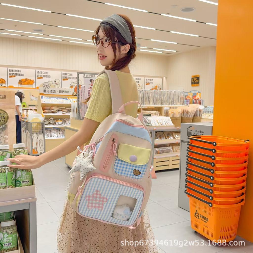 Schoolbag college style sweet plaid backpack female student Korean version large capacity junior high school schoolbag female layered travel backpack