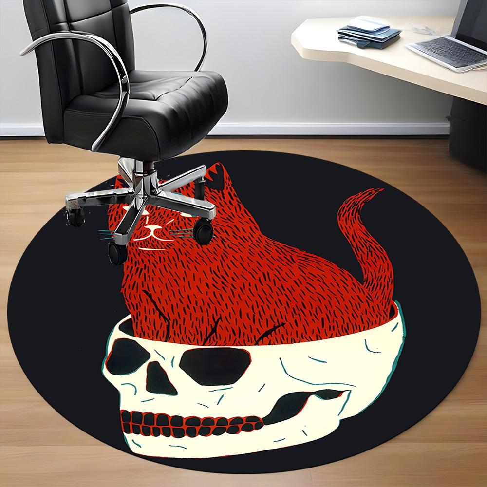 1PC Cat Skull Office Round Area Rug, Mat Suitable For Office, Under Office Chairs Bedroom Living Room Home Decor, Room Deco
