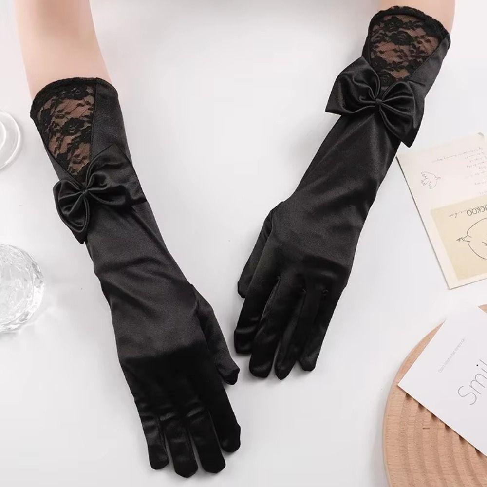 Bowknot Satin Bride Gloves Lace Trim Dance Performance Gloves Wedding Dress Accessories