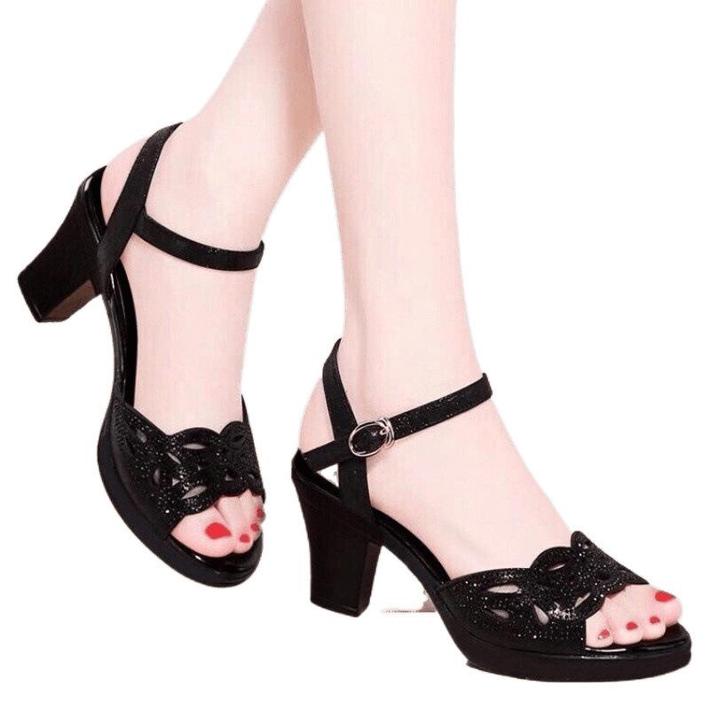 Early summer new 2025 new thick heel sandals women's summer fish mouth women's shoes rhinestone high heels women's black mother shoes