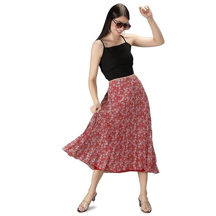 Red Floral Printed Flared Skirt Indian Women's Casual Wear Middi Skirt Dress