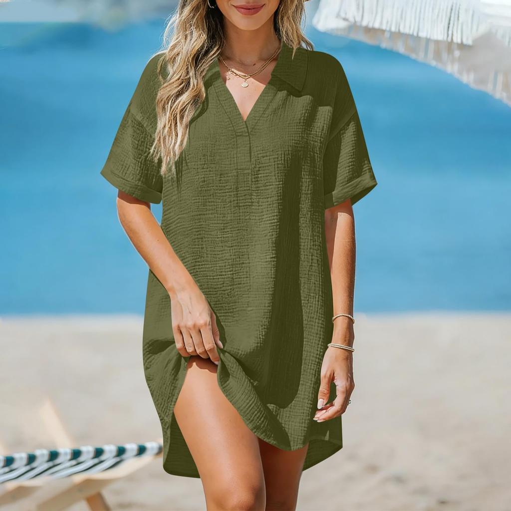 Women’s Casual Short Sleeve V Neck Tunic Dress Loose Fit Summer Lightweight Pullover Top Blouse Shirt Mini Dress