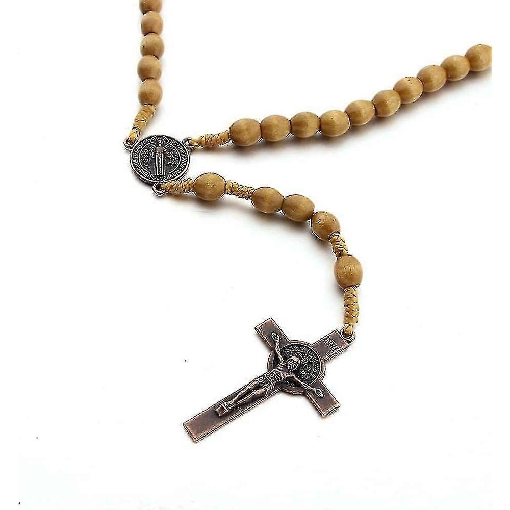 Catholic Cross Rosary Necklace, Natural Wood Prayer Beads With Medal Cross( Light Brown)/yy