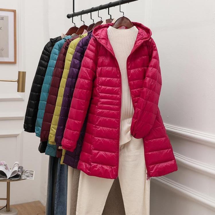 Women Light Down Jacket Hip-Length High Street Overcoat Female Long Warm Down Coat with Portable Storage Bag
