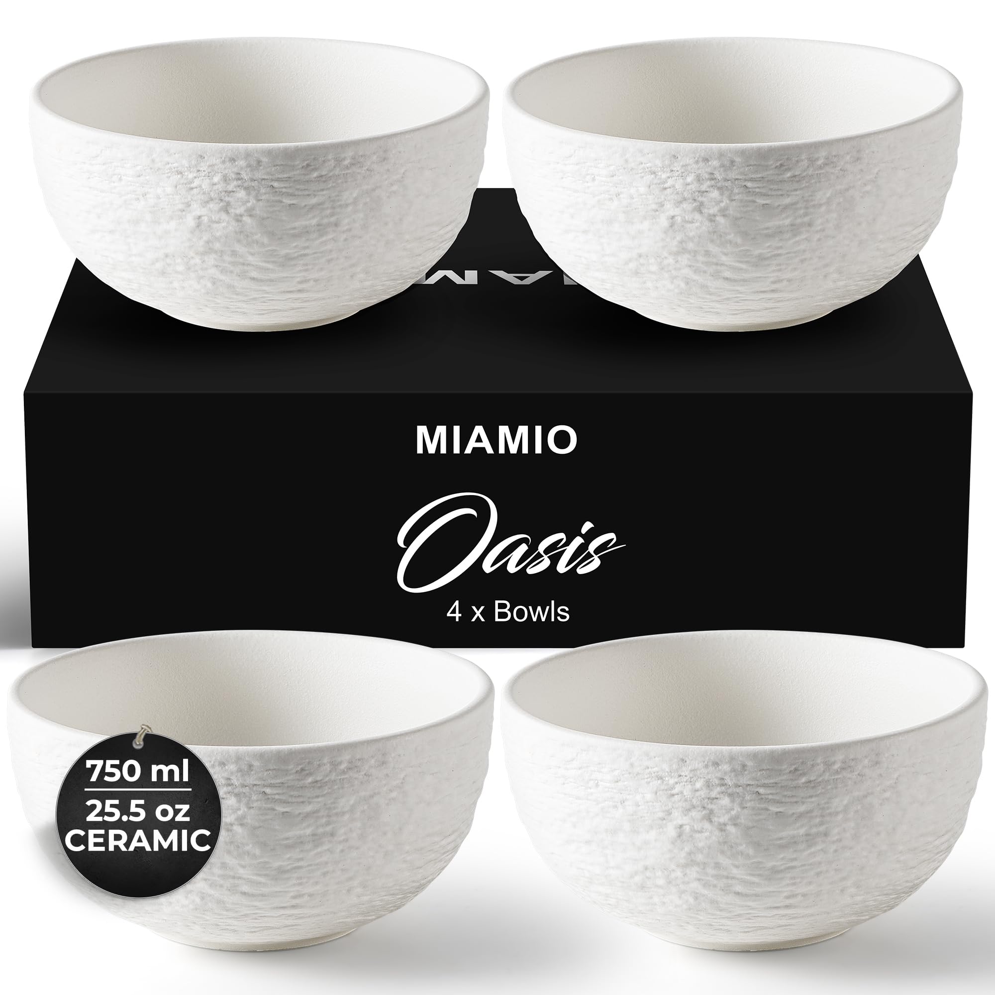 

MIAMIO - Set of 4 750ml Bowls, Ceramic Bowls for Salads, Soups, and Cereals, Microwave, Dishwasher, and Oven Safe, Oasis Collection