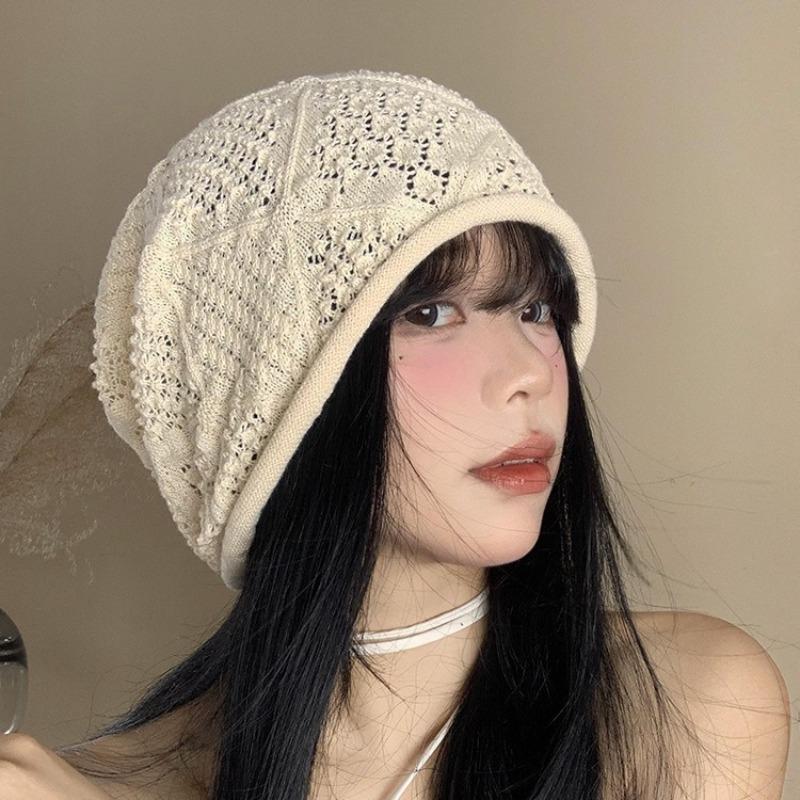 Knitted hollow stack hat female face small bag head cold hat Korean version versatile big head circumference loose hat
