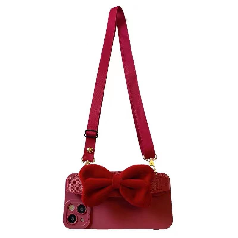 Burgundy Plush Bow Wristband Apple 11Pro Mobile Phone Case 11 Luxury 11 Crossbody iPhone11Pro All Inclusive