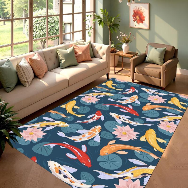 Illustrations Style Area Rug Koi Fish Lotus Pond Design Home Decor Carpet Soft Non-Slip Floor Mat for Living Room Bedroom