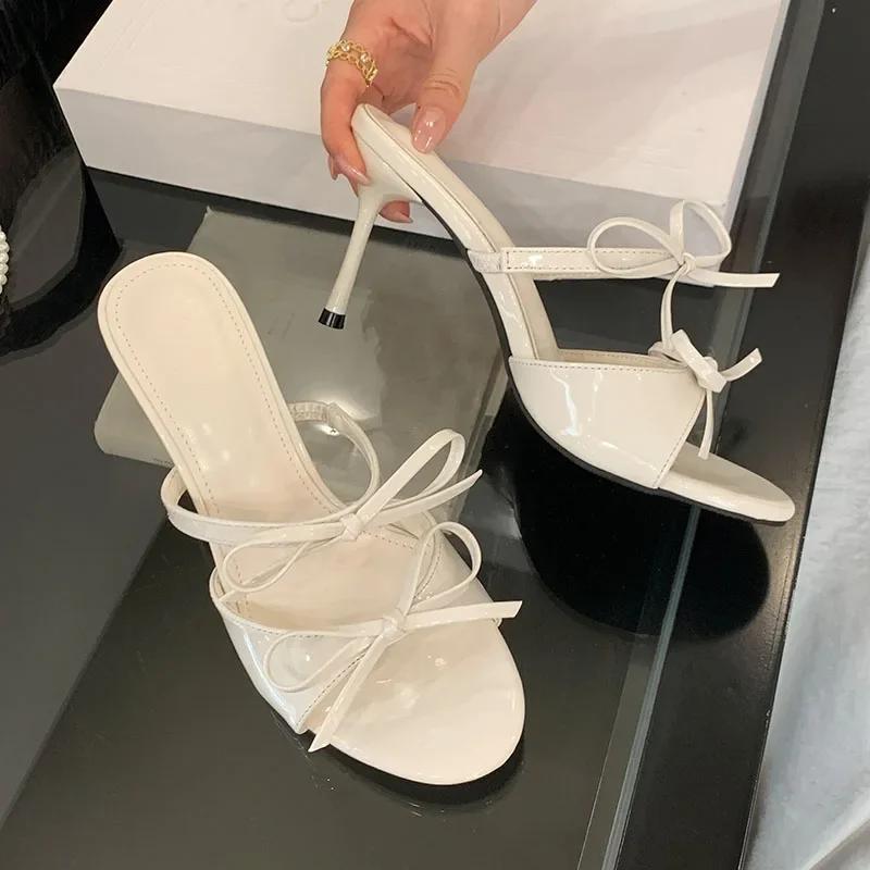 Pantoufles à talons hauts avec nœud doux pour femmes, Sandales d'été à bout rond et bride étroite, Sandales plates élégantes à bout ouvert, Chaussures pour femmes