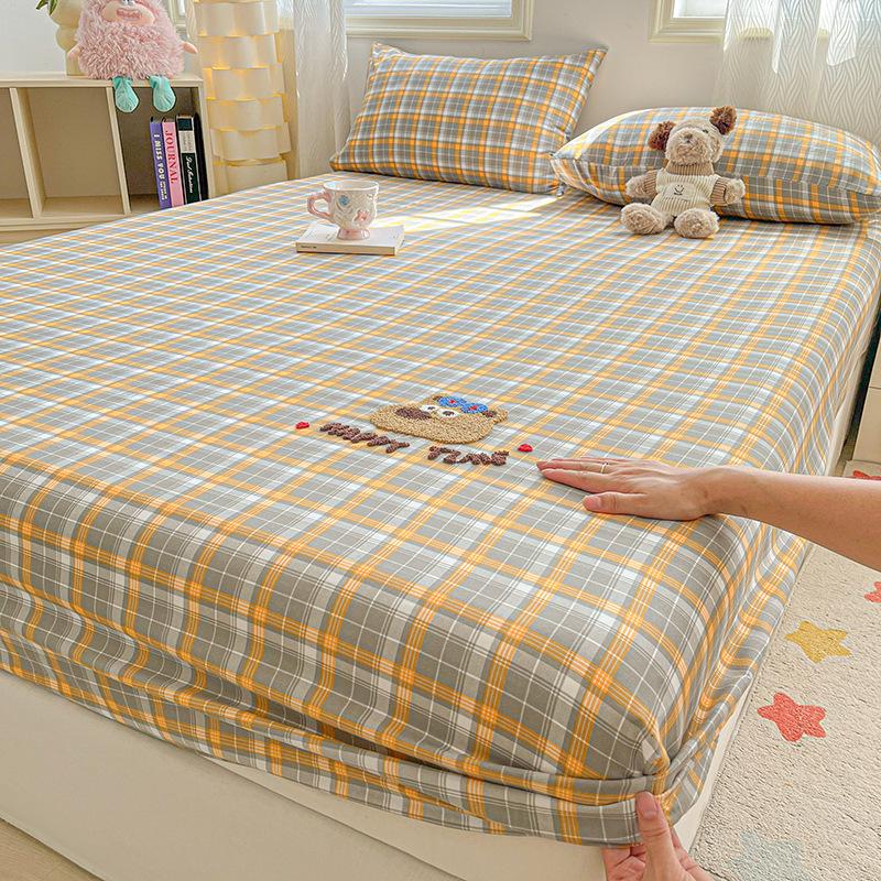 New Style Washed Cotton Fitted Sheet Single Piece Towel Embroidered Mattress Protector Bed Cover Student Dormitory Single Sheet Set 90X200cm-single bed hat