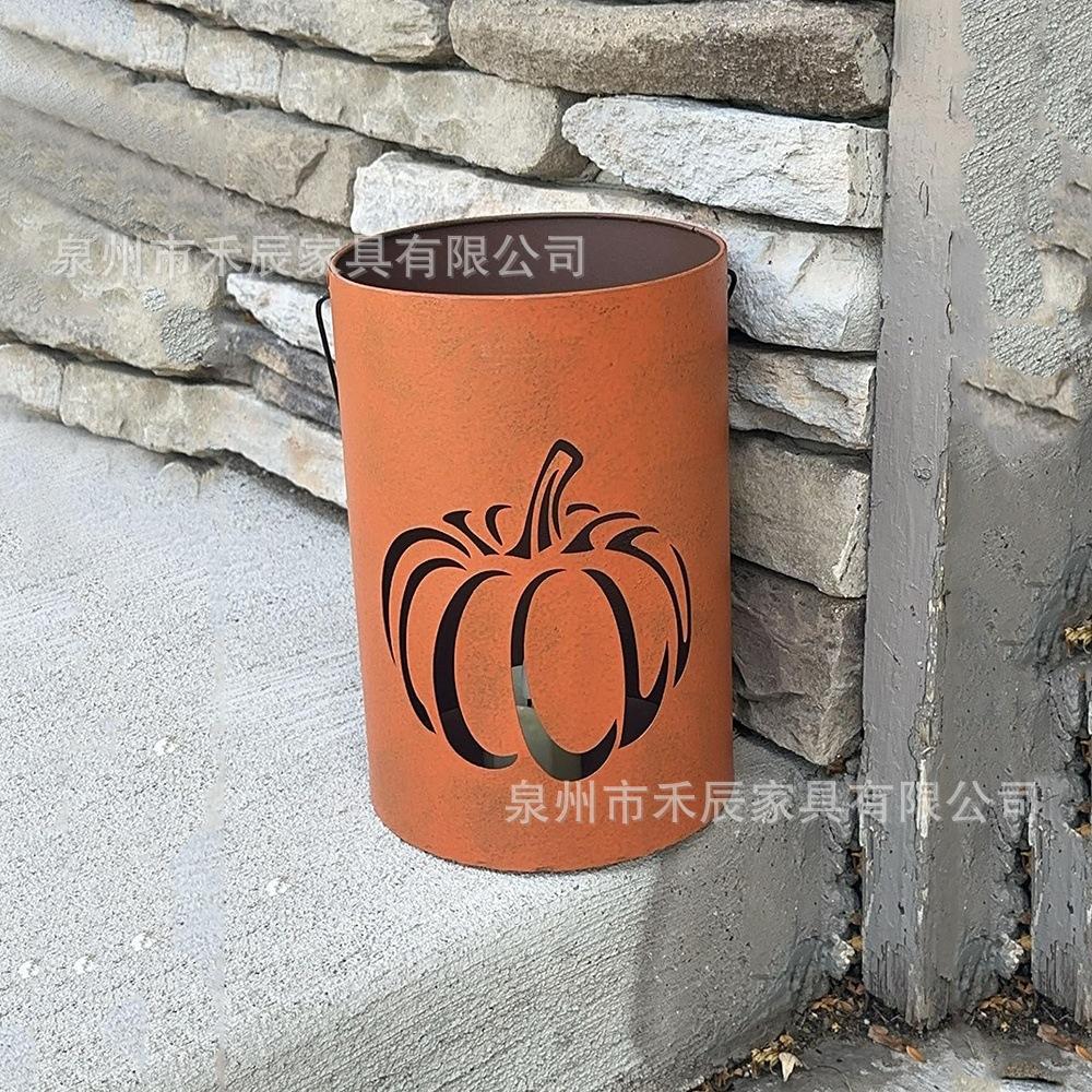 Rusty Metal Pumpkin Lantern Holder with Cutout Design for Candle Display Halloween Festival Decoration Small Size