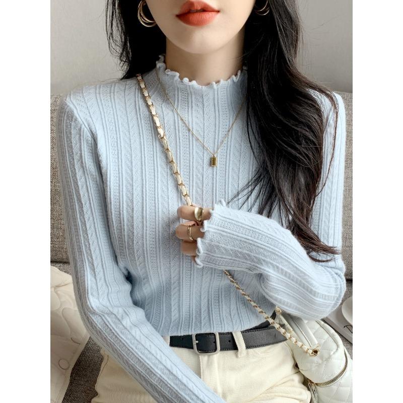 Soft waxy semi-turtleneck knitted sweater for women's autumn and winter with fungus edge age-reducing slim-fitting bottoming top