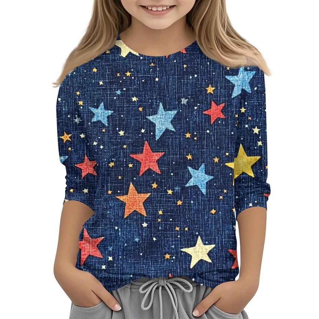 Barne 7/8-ermet trykket Independence Day crew-neck avslappet t-skjorte