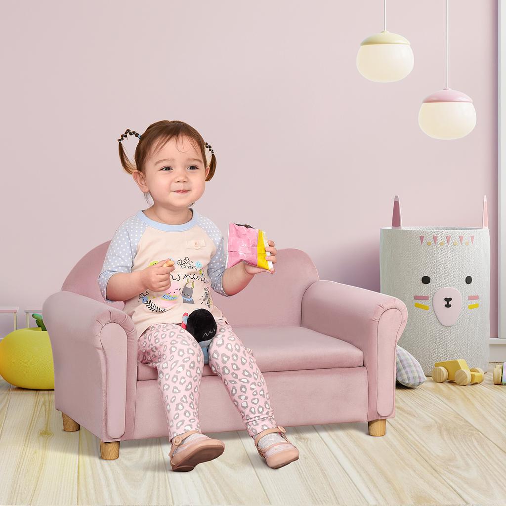 Children's Sofa, Two-Seater for Children 3-5 Years, Storage Space, Natural Wood Frame, 84 x 41.5 x 48.5cm, Pink