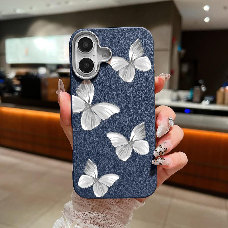 Grey Butterfly Print Shockproof Soft TPU Phone Case For iPhone 16 Pro Max 15 Pro 14 13 12 11 Lens Protection Matte Leather Texture Slim Bumper Cover