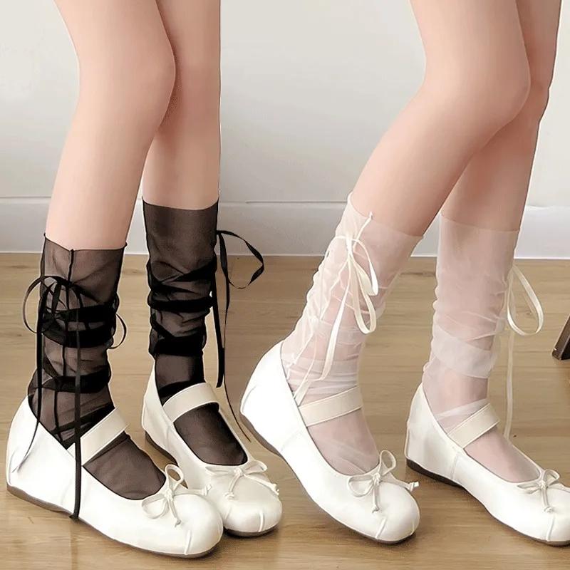 1/2Pairs Japanese See Through Mesh Middle Tube Socks For Women Girl Fairycore Ribbon Bowknot Loose Slouch Calf Socks