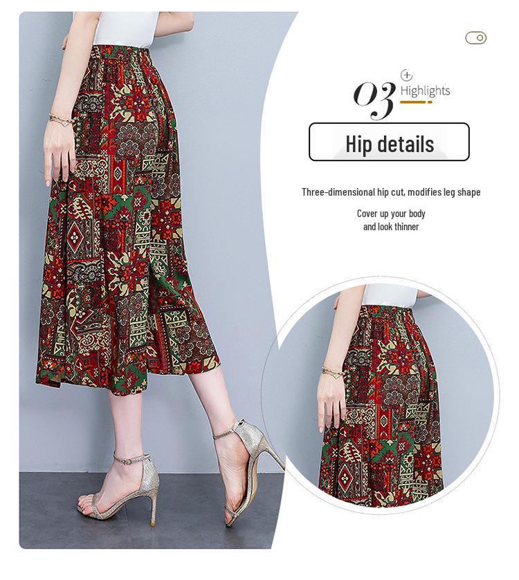 Women's Floral Cotton Silk Wide-Leg Skirt Pants - Summer Casual Elastic Waist, Plus Size, Lightweight Seven-Point Length.