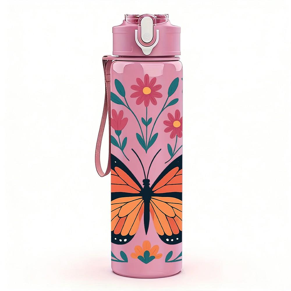 1PC Colorful Butterfly Floral Pattern 750ml Color Plastic Sports Water Bottle Leakproof Flip Straw Lid Suitable for Sports Office Home Use