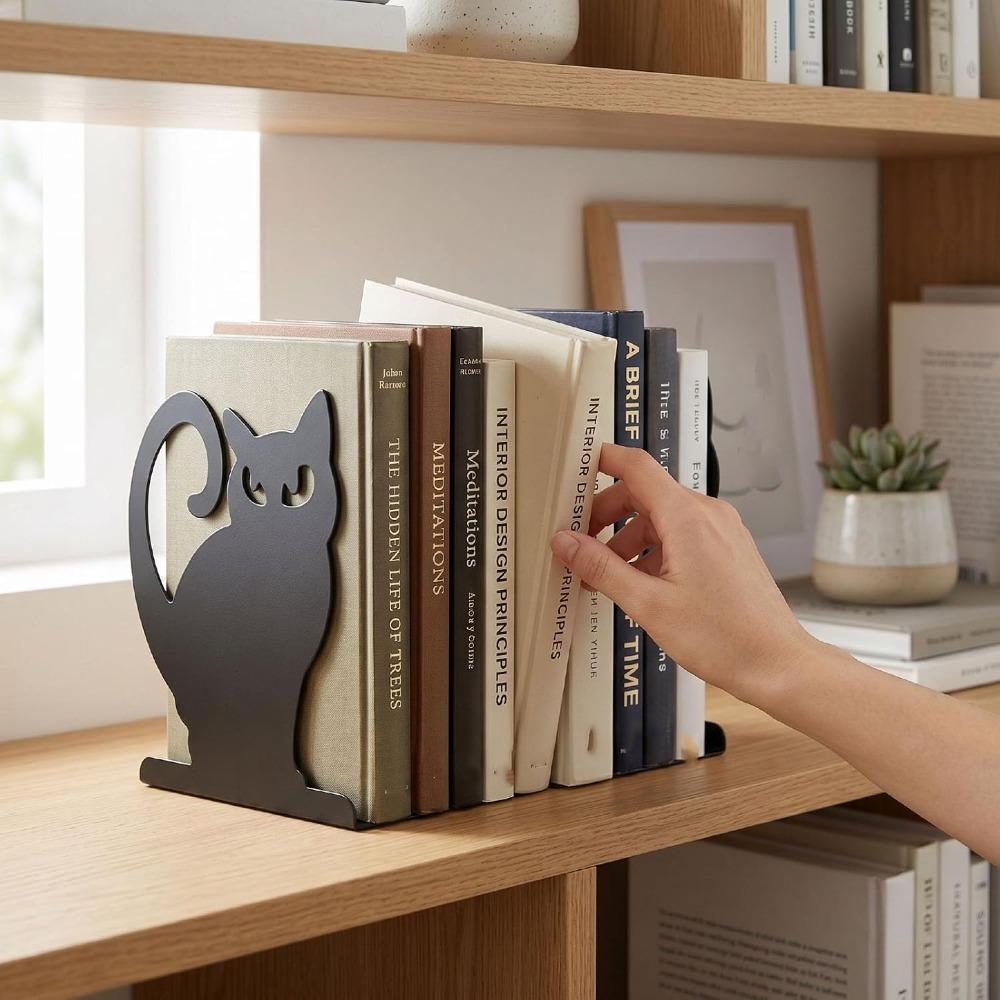 2pcs Black Cat Shaped Book Stopper 4.72x4.37x5.87in Metal Bookends Cute Book Organizer  Office Desk
