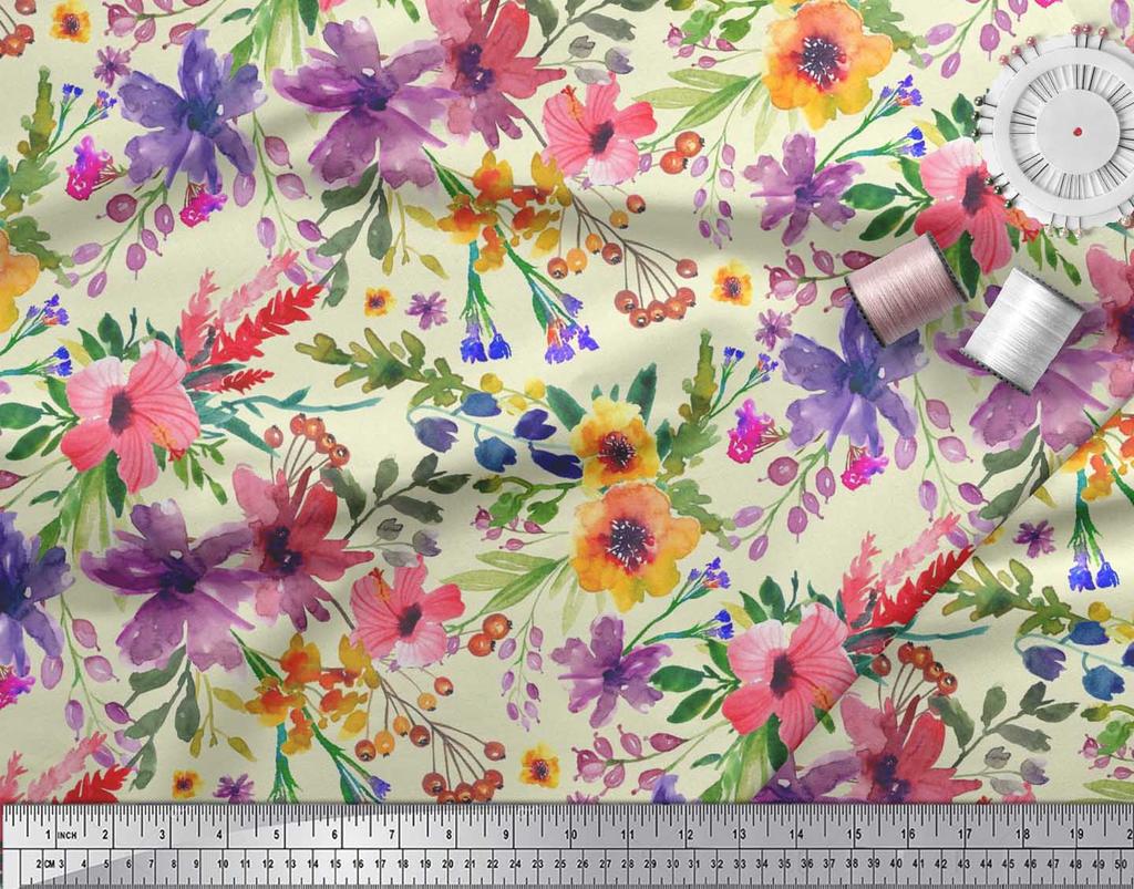 Soimoi Japan Crepe Satin Fabric Flower & Leaves Watercolor Decor Fabric Printed metre 42 Inch