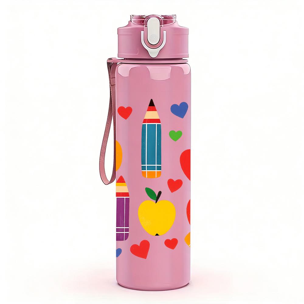 1PC Heart Pencil Fruit Layout 750ml Color Plastic Sports Water Bottle Leakproof Flip Straw Lid For Sports Office Home Use