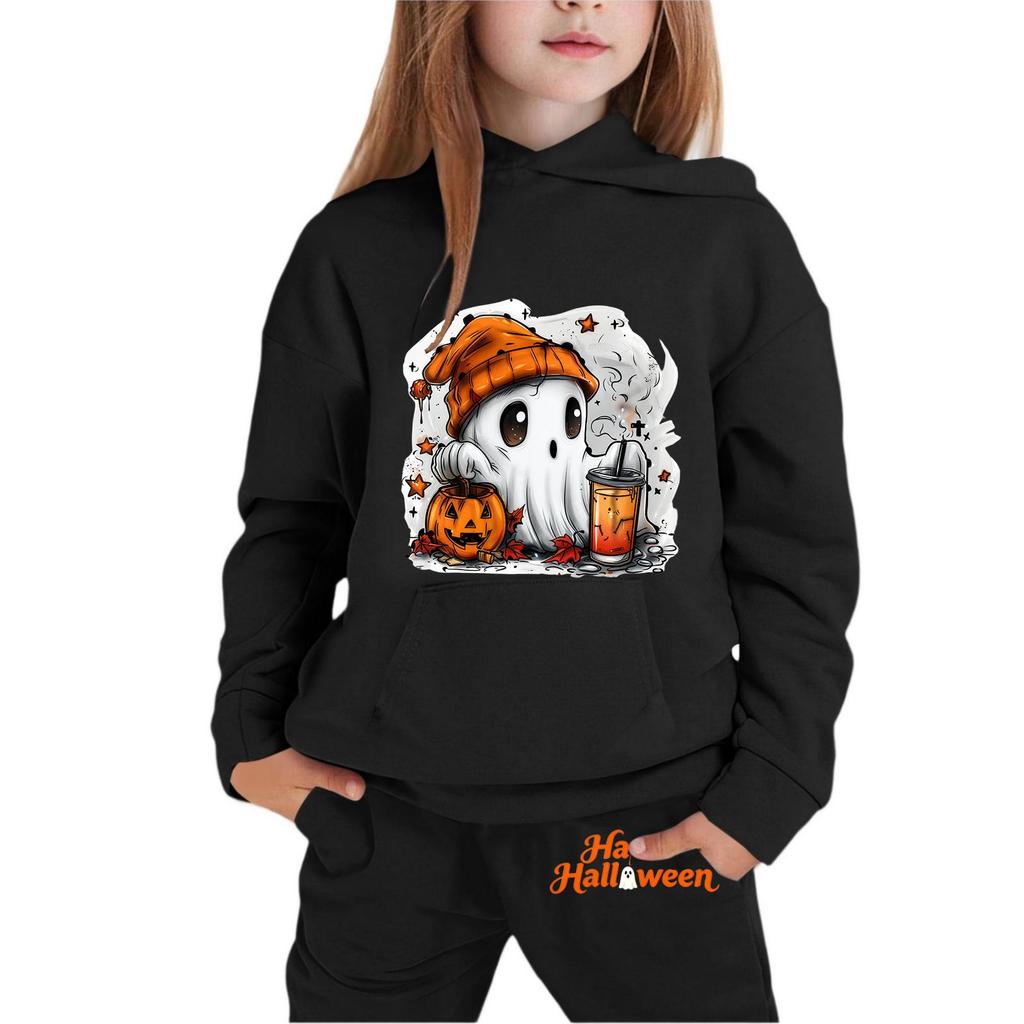 Kids Halloween Hoodie Set Ghost Print Pullover Sweatshirt with Matching Pants Comfortable Fit for Fall and Winter Seasonal Wear