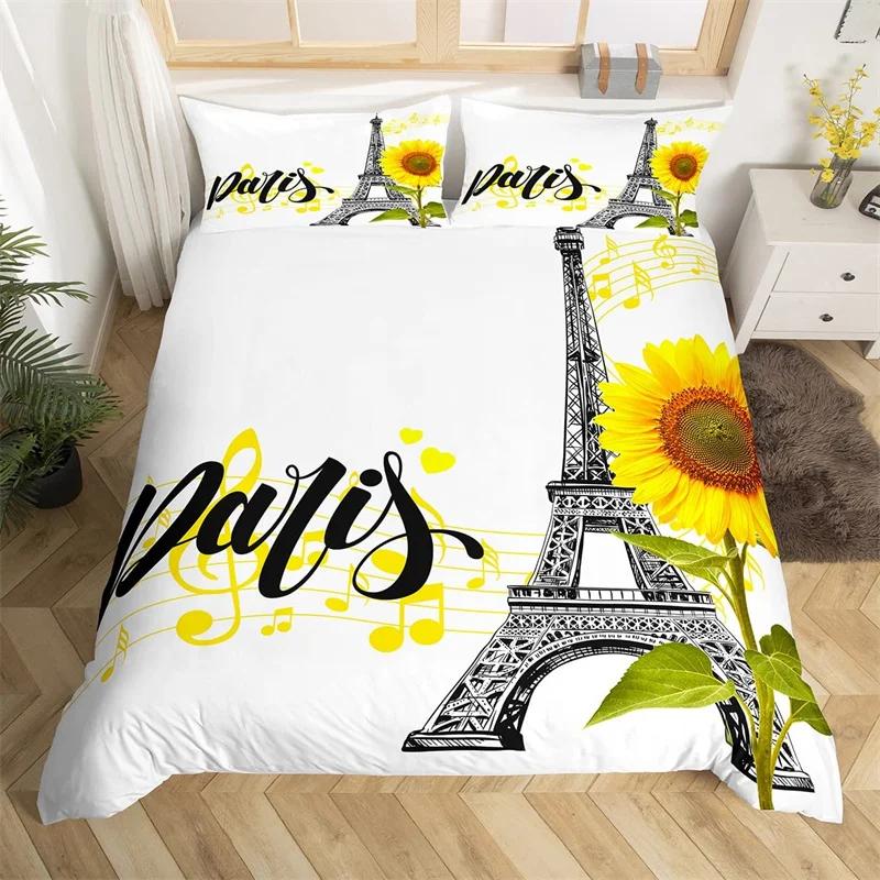 Paris Eiffel Tower Duvet Cover Set Twin King Cherry Blossoms Comforter Cover Microfiber Romantic Theme Bedding Set For Girl Teen