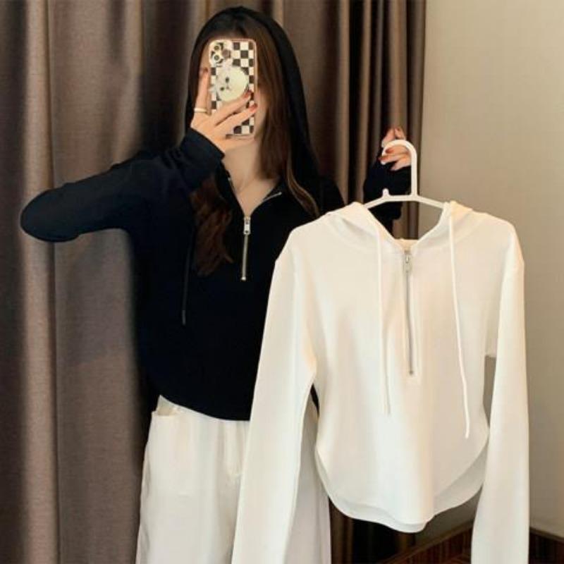 Spring Autumn Long Sleeve Loose Casual Zipper Sweatshirt Women Solid Color Simple Hooded Pullover Top Hoodies