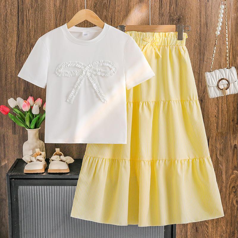 Girls' Fashionable Outfit - Summer Children's Bow-front Short-sleeved Top, Short-sleeved T-shirt, Casual Striped Skirt Set