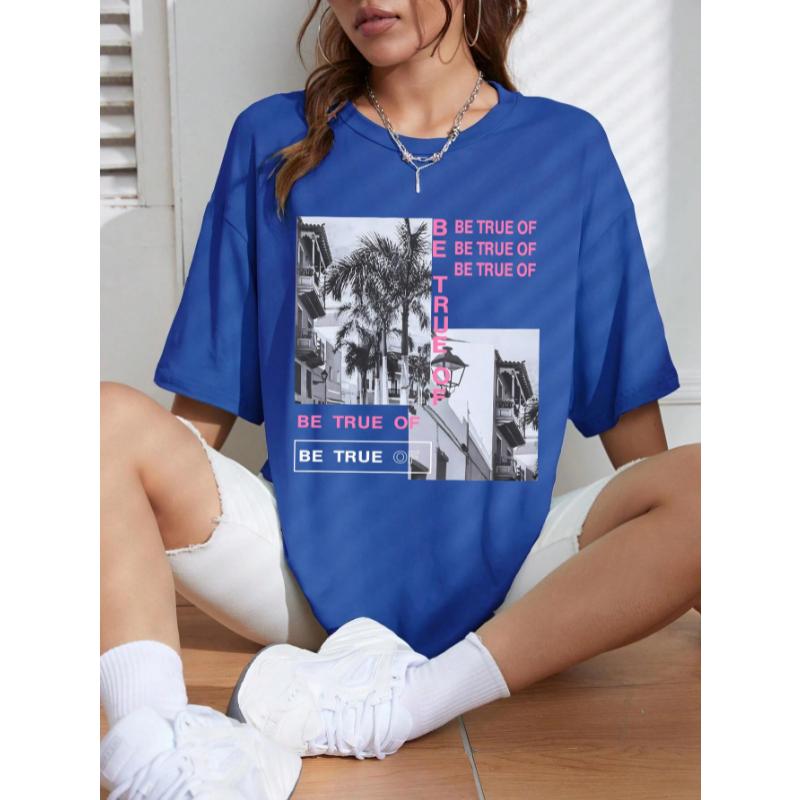 Graphic & Letter Print Crew Neck T-Shirt Women Summer O-Neck T Shirts Cotton Plus Size Short Sleeve Sport Casual Shirt