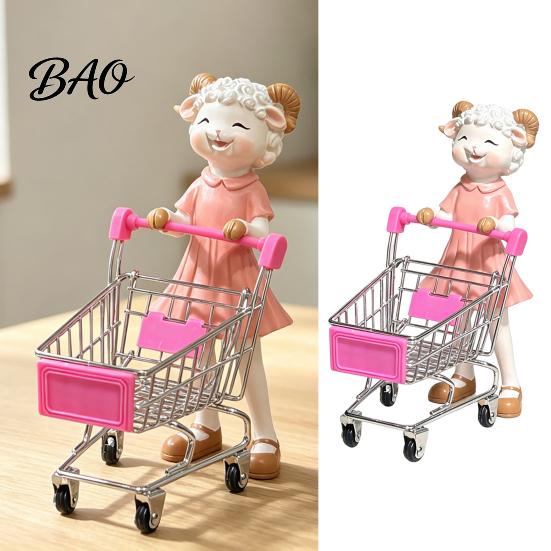 Cute Desktop Storage Solution Cartoon Sheep Shopping Cart Figurine, Mini Grocery Trolley Toy with Lamb, Small Figurine Wheels Desk Decor for