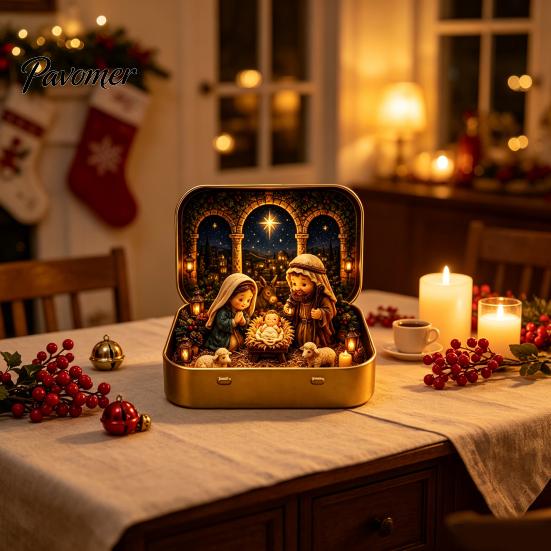 Christmas Mantel Decor Tiny Wonderland in a Tin, Mini Holiday Diorama Decor, Miniature Winter Decorative Metal Tin Scene with Santa, Tree, Gifts