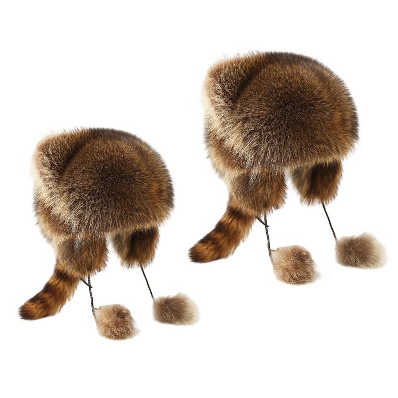 Furry Cartoon Raccoon Hat with Earflap Tail for Halloween Headwear Long Haired Hat Oversized Headgear Hat for Winter