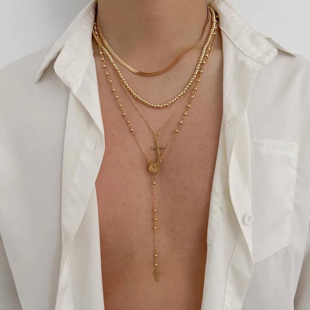 SHIXIN 4 Pcs/Set Trendy Jesus Cross Pendant Necklace for Men Gothic Multilayer Flat Snake Chain Beads Choker Necklace Male Gift