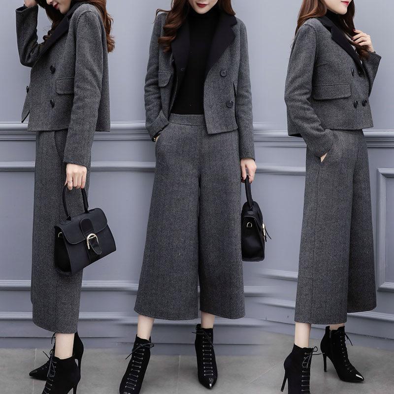 Women's Autumn and Winter Two-piece Pants Herringbone Woolen Coat Wide-leg Pants Casual Fashion Suit Women