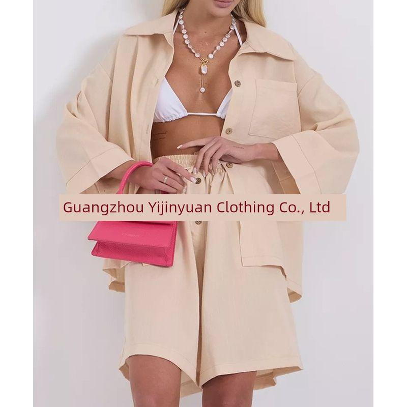 

Simple Style Summer Women clothes Fashion Shorts Two Pieces Solid Shirts Set Women s Casual Loose Short sleeve Set Apricot color M