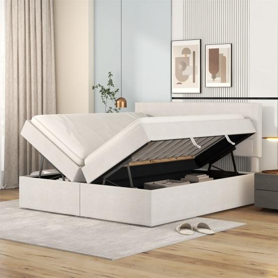 Double Bed Upholstered Bed 200x140cm Bed with Slatted Metal Frame Large Youth Storage Space Can Be Opened On Both Sides Beige Flat
