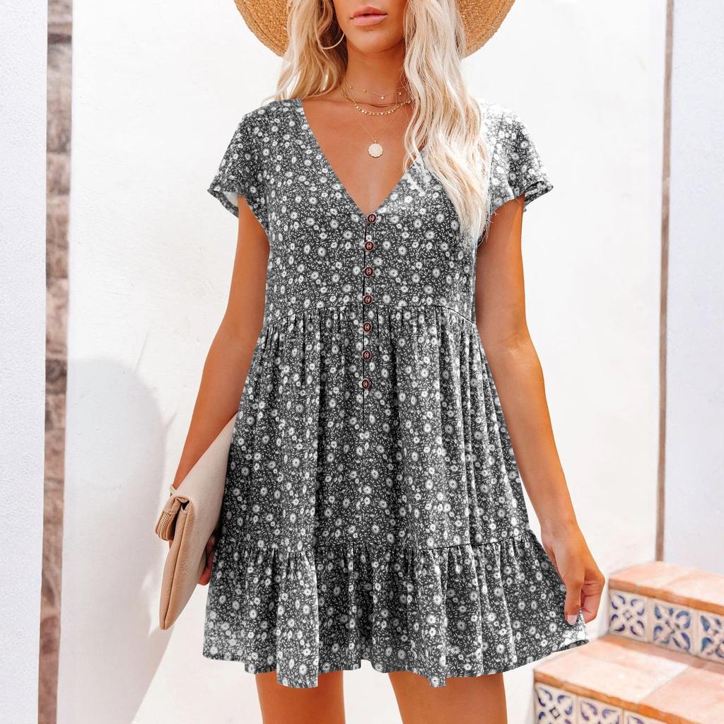Women's Striped Shirt Dress Short Sleeve Button Front Casual Loose Fit Dress