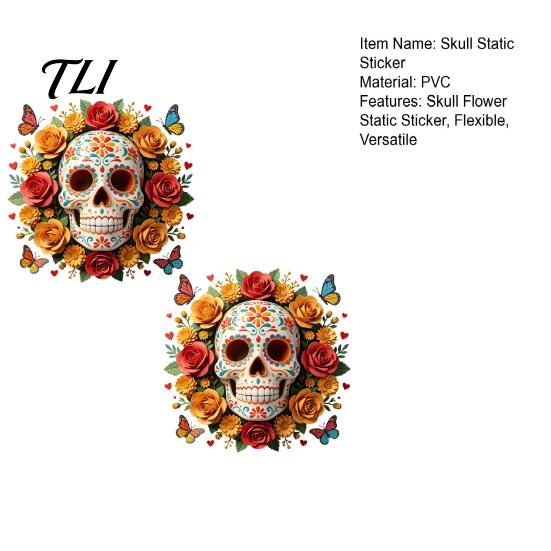 Reusable Floral Skull Stickers Day of The Dead Flower Static Sticker, Colorful Mexican Glass Sugar Halloween Decal, Waterproof PVC Removable Cling for