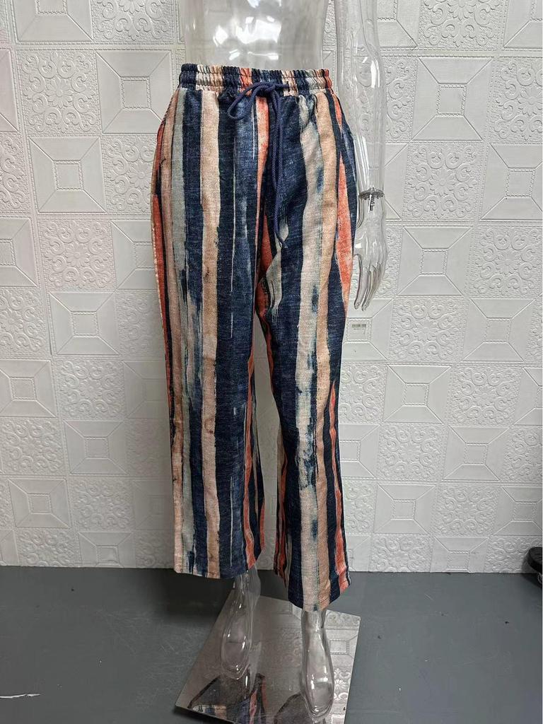 2024 Women's Cotton Linen Elastic Waist Pants - Casual Nine-Point Khaki Sky Blue